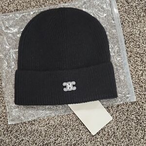 Celine Black Ribbed Beanie with Iconic Emblem